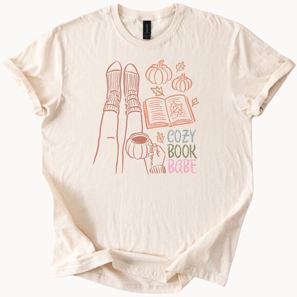 Gildan Tops - Cozy Book Babe Shirt Fall Graphic Tee Pumpkin Coffee Socks Reading Top